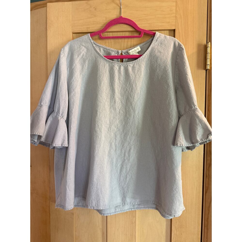 Linen Blend CYNTHIA ROWLEY Top Gray Women's Size 1X Minimalist Bell Sleeves